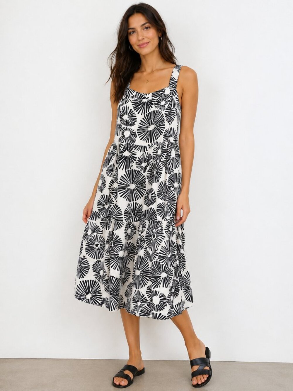 LOFT linen blend Firework tiered midi dress, size L